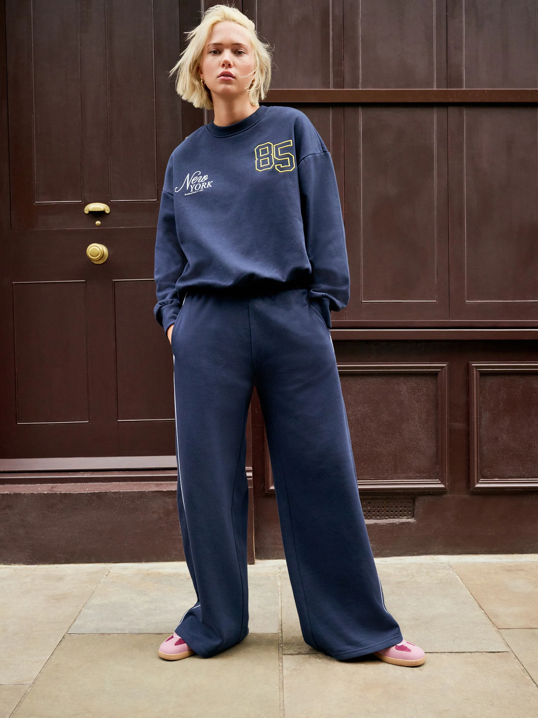 Marineblauw - Wide Leg Premium Jersey Joggers