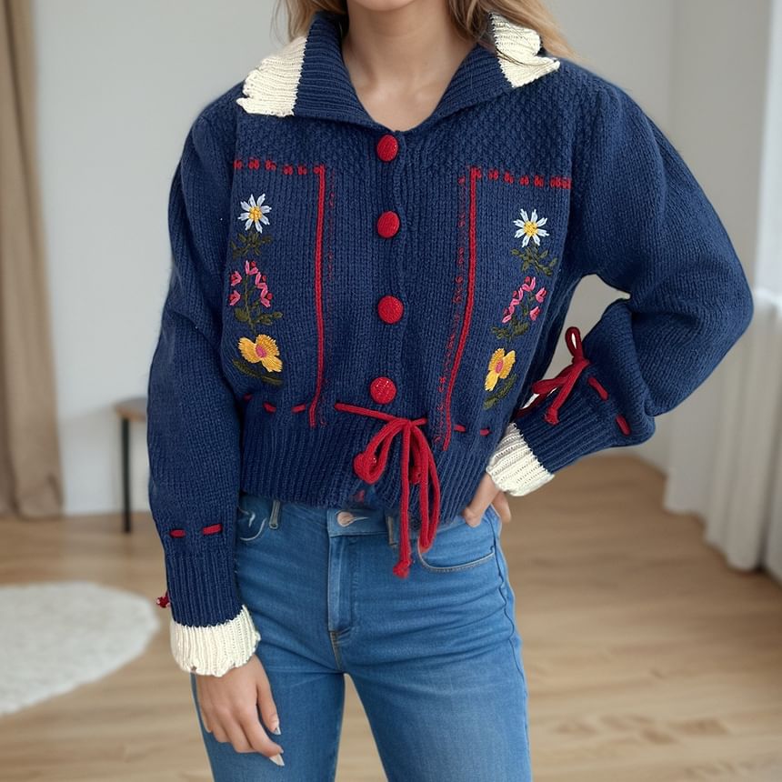 Bolgivy - Cropped vest met kraag, bloemenborduursel, contrasterende rand, strikceintuur en knoopsluiting