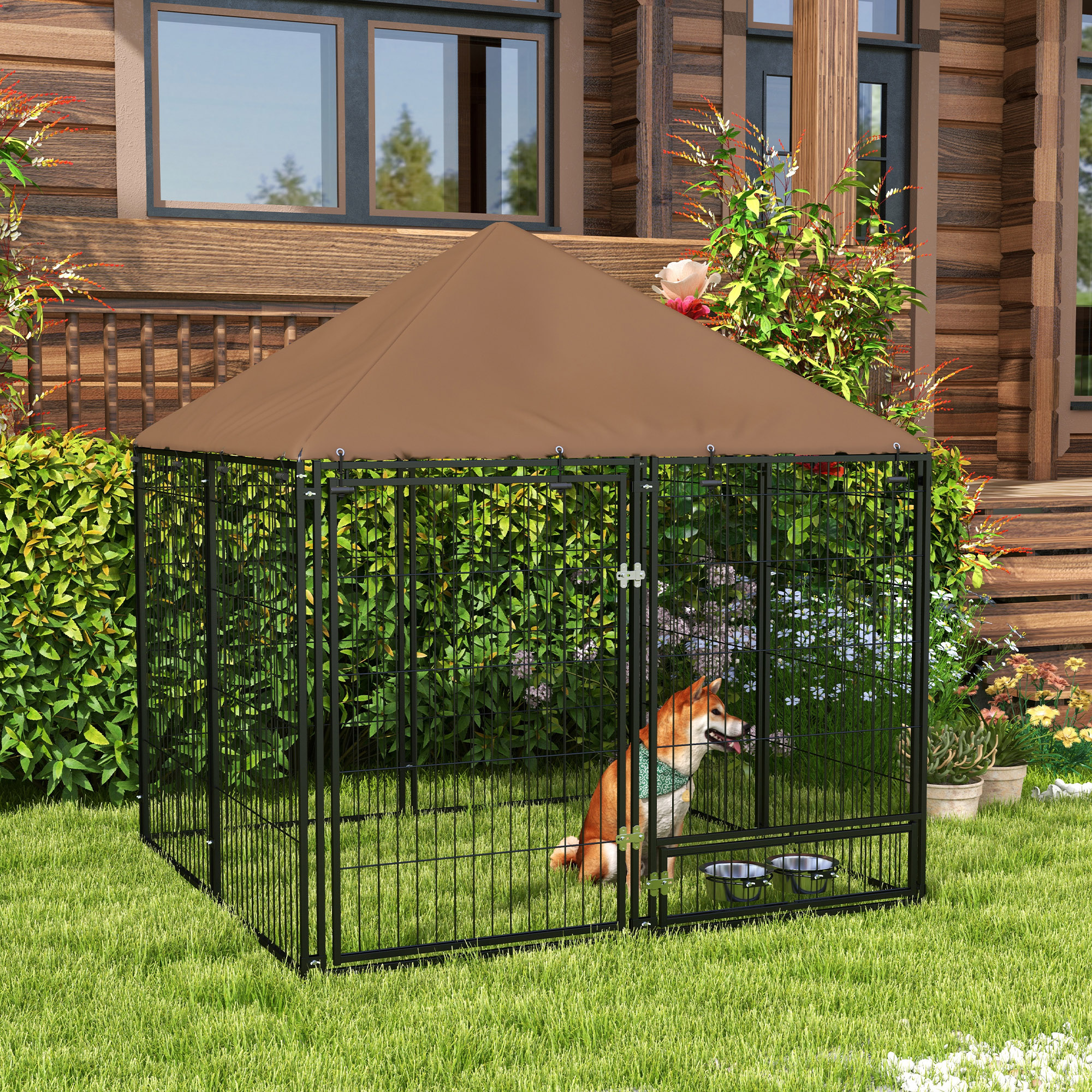 Canil PawHut com cobertura, cercado metálico para cães com suporte giratório para comida e 2 comedouros para pátio, jardim e terraço, 141x141x151 cm, preto