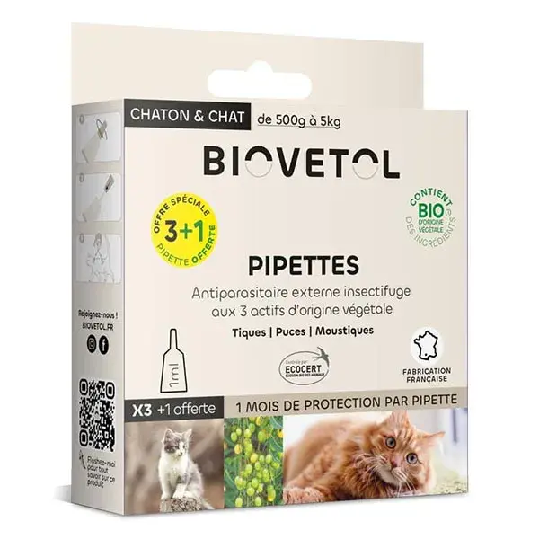 Biovetol - Antiparasitário - Pipetas Orgânicas para Gatos/Gatinhos - 1ml (x3+1)