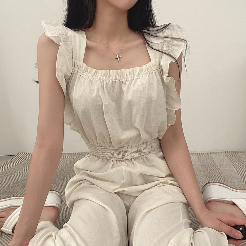 palajana - Mouwloze jumpsuit met ruches en effen motief