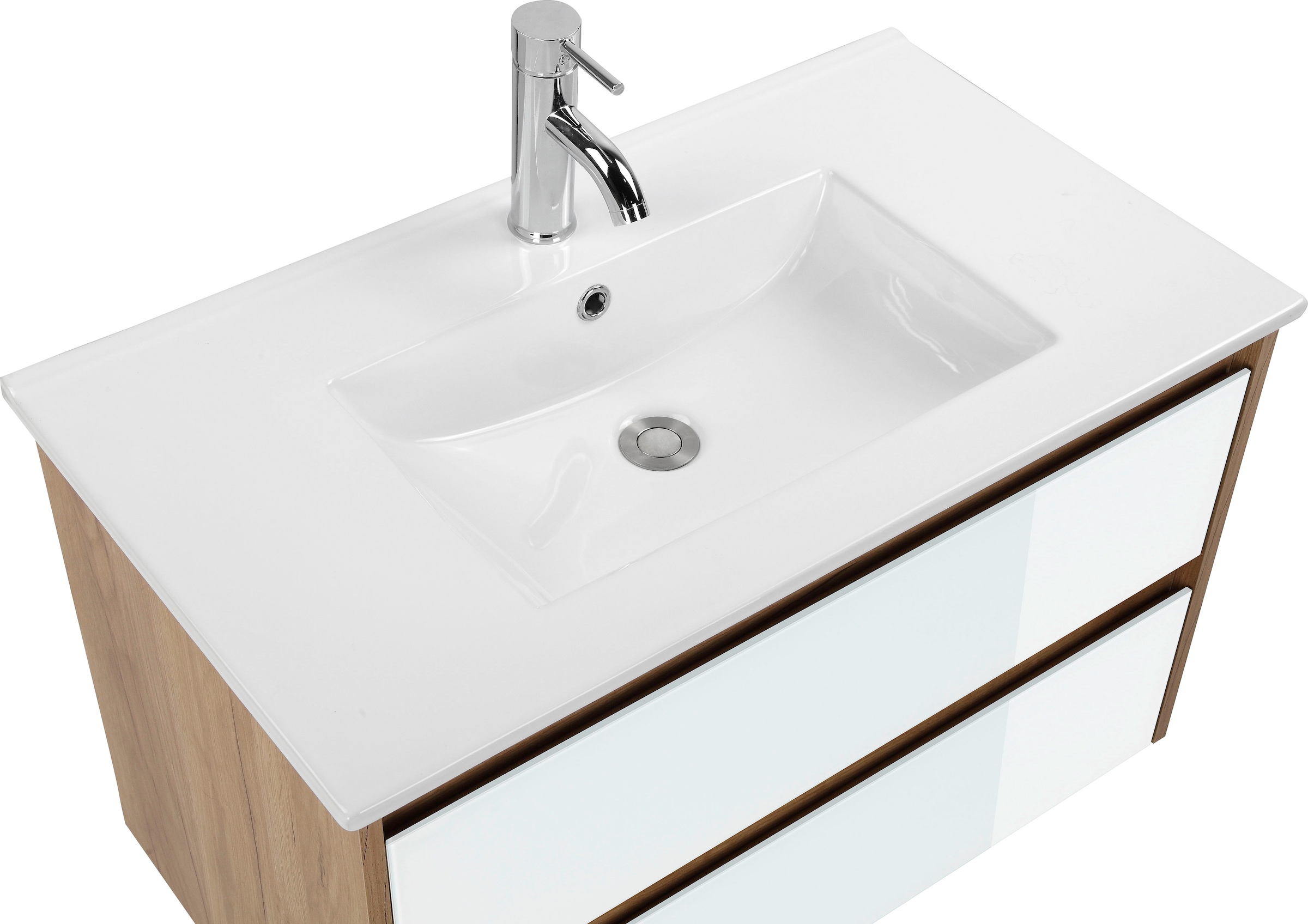 welltime Waschtisch »Torun Badezimmerschrank Unterschrank mit Glasfronten und Softclose« Set,  Waschplatz mit 2 Schubladen und Waschbecken Breite 80 cm