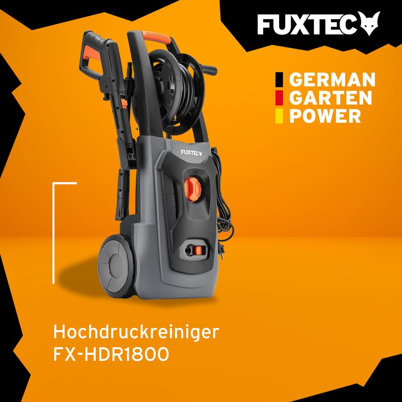 FUXTEC Hochdruckreiniger FX-HDR1800, Flächenreiniger mit 6m Hochdruckschlauch, 130 bar Arbeitsdruck, Fördermenge 420l/h, 1800W Leistung, verschiedene Sprühmuster, integrierter Reinigungstank
