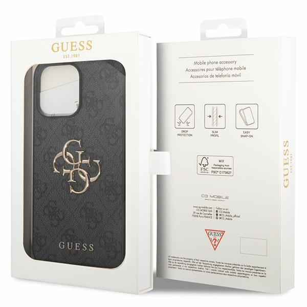 iPhone 15 Pro Max Leder Hardcase Hülle Metall Logo (GUHCP15X4GMGGR) - Grau / Gold