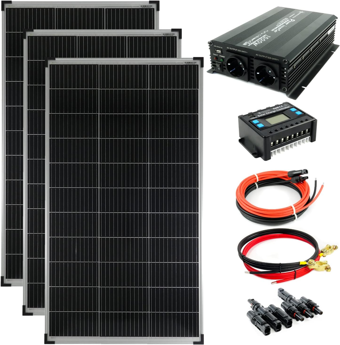 SOLARTRONICS Inselanlage Komplettset: 3x 140W monokristalline Solarmodul + 1500W Wechselrichter + 20A Laderegler + PV Kabel + Solarstecker