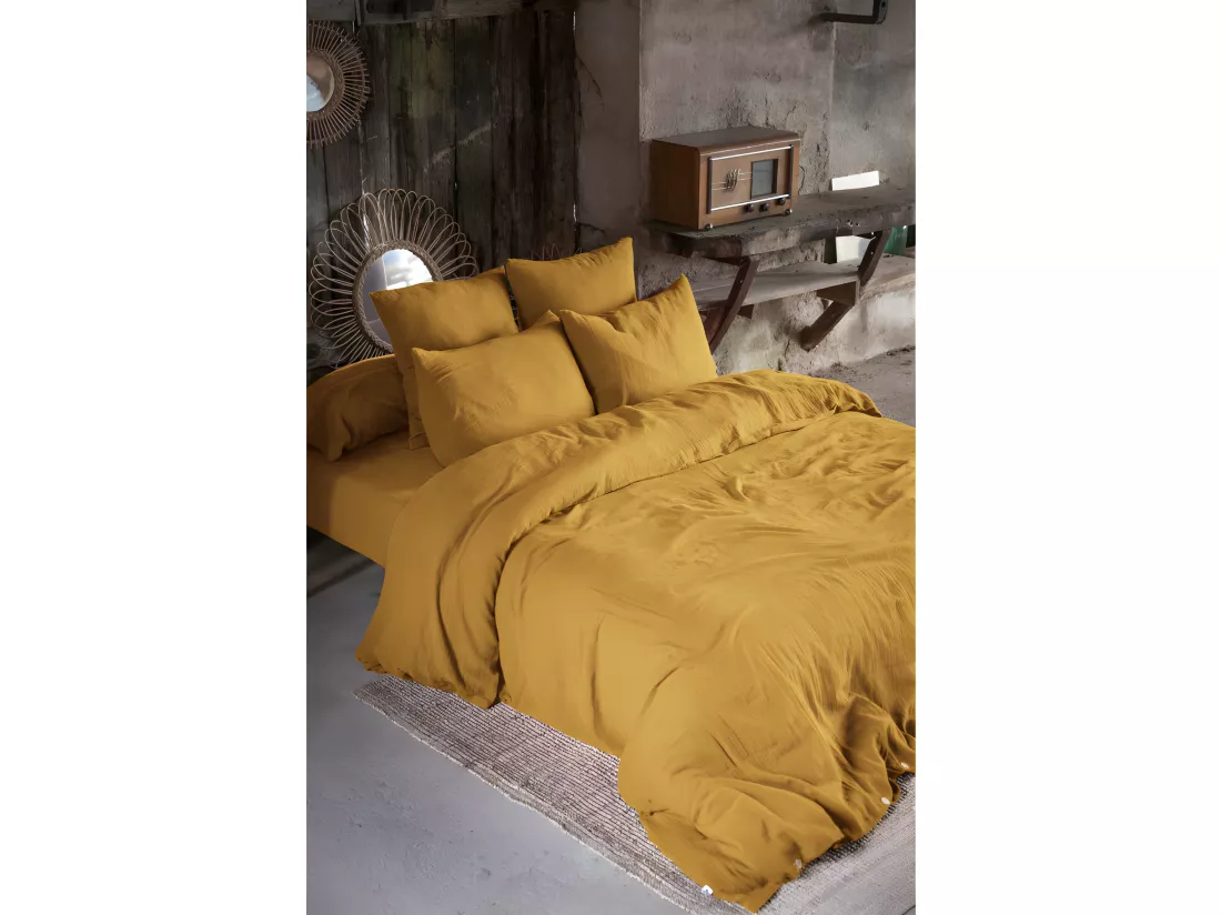 Parure de draps Gaze de Coton - Gaïa Safran - 4 pièces 1 Drap plat 270 x 300 + 1 Drap housse 180 x 200 + 2 Taies 60 x 60