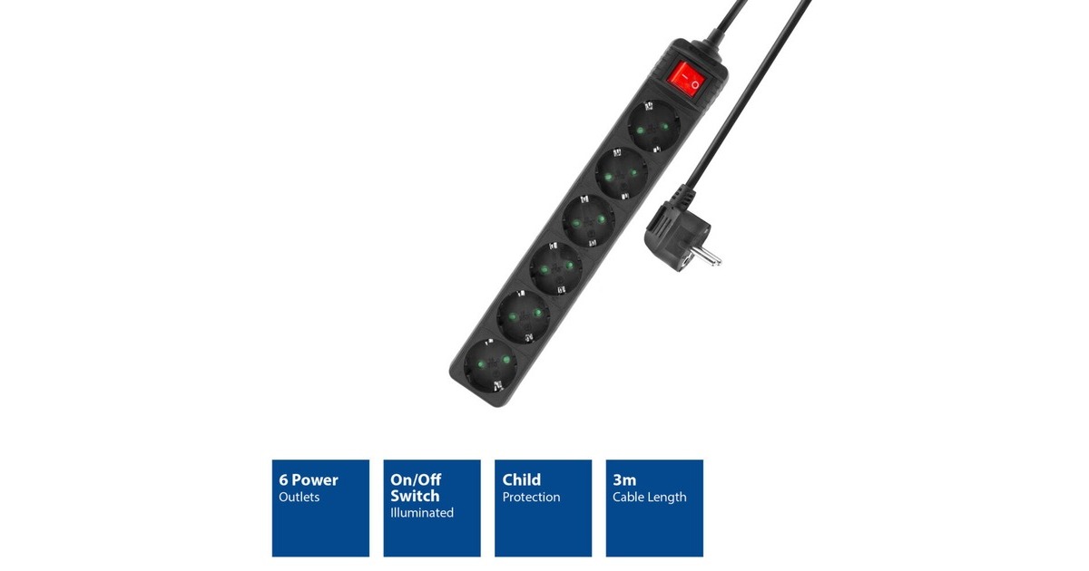 ACT ConnectivityStekkerdoos met lichtgevende schakelaar, 6 sockets, 3 m, zwart stekkerdoos  (Zwart)