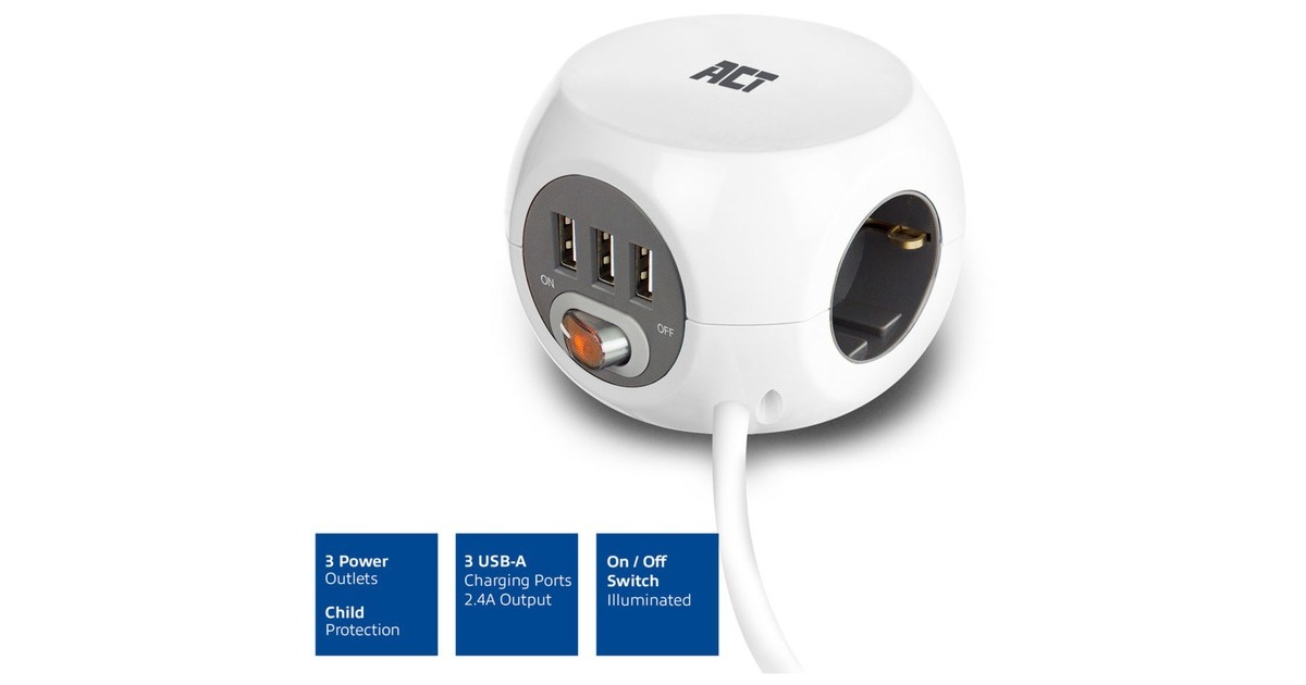 ACT ConnectivityVierkante stekkerdoos (PDU) met 3 sockets type F, 3 USB-A poorten, 1,5m  (Wit)