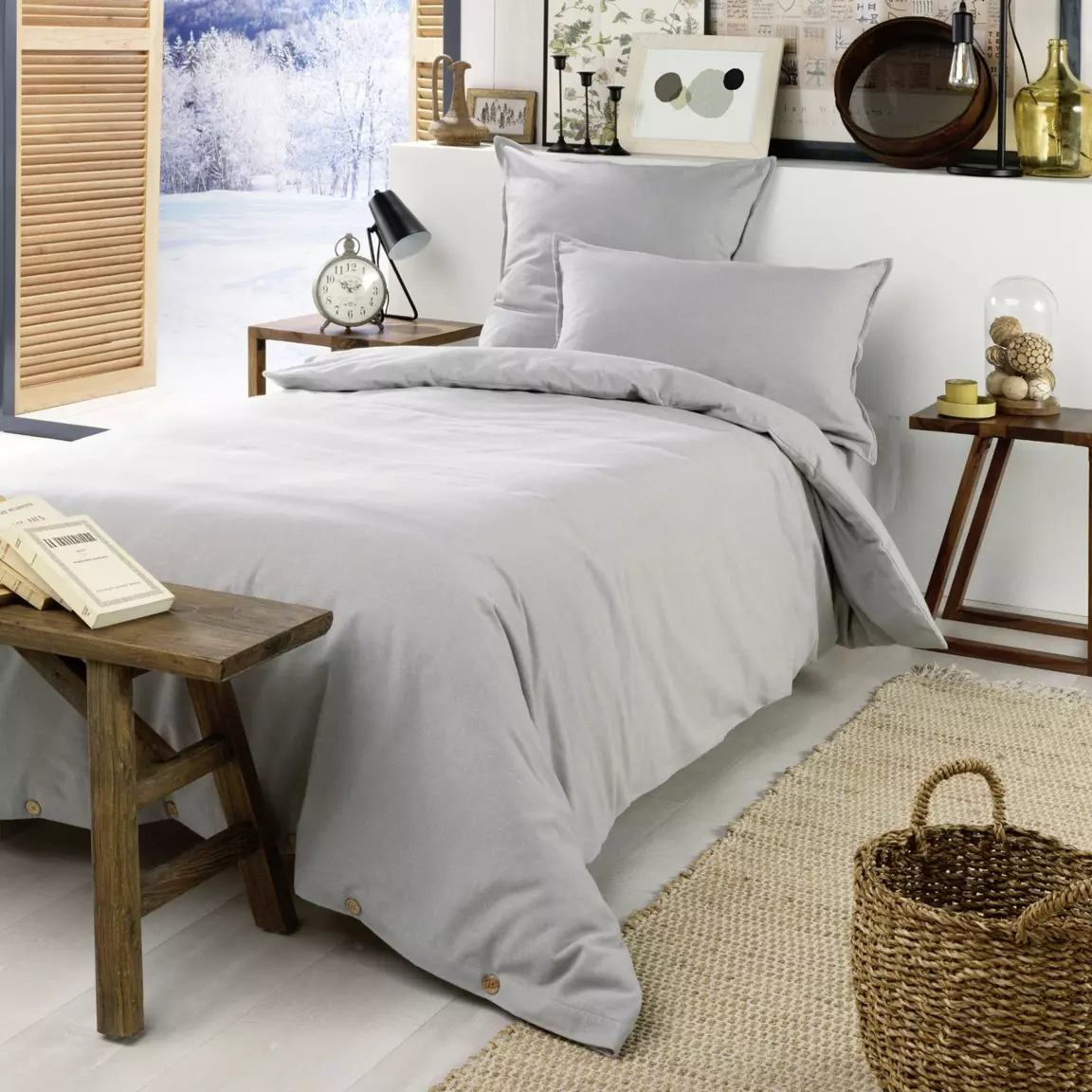 Housse de couette flanelle de coton (140 x 200 cm) Théa Gris clair