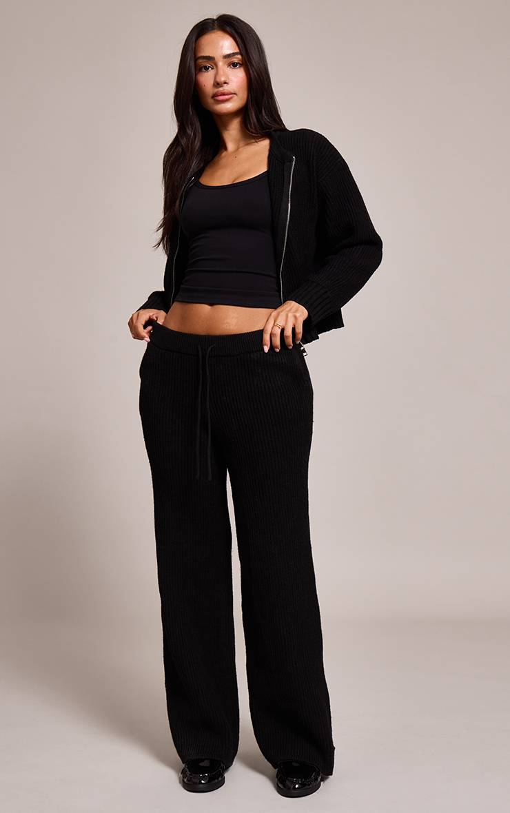 Noir Pantalon Petite En Maille Côtelée Brossée Avec Cordon De Serrage