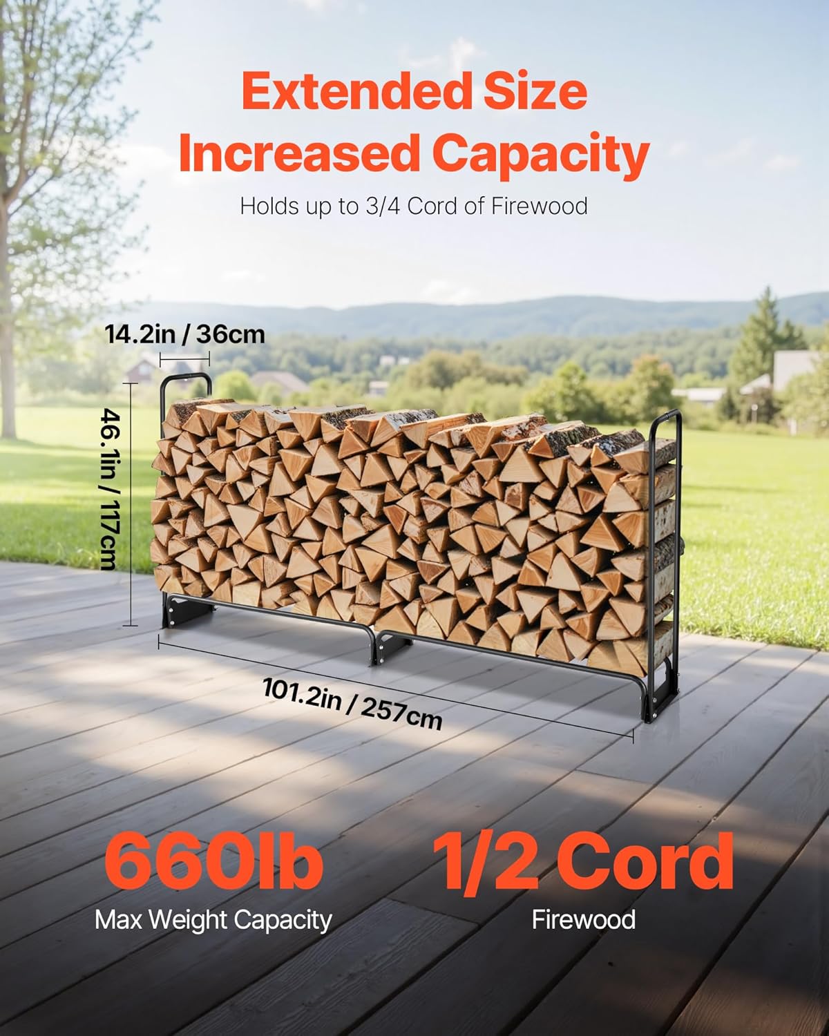 VEVOR Metall Kaminholzregal, 257x36x117 cm Brennholzregal, Kaminholzunterstand aus Metall, max. Tragkraft 300 kg, Feuerholzregal, Kaminholzlager, Stapelhilfe für Veranden, Terrassen, Gärten