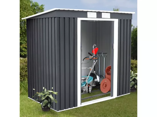 Abri de Jardin en Métal 2,769 ㎡, Toit en Pente avec Cadre de Fondation et Porte Coulissante, Abri Jardin Exterieur en Tôle Galvanisée à 2 Fenêtres de Ventilation 213 x 130 x 173 cm, Gris