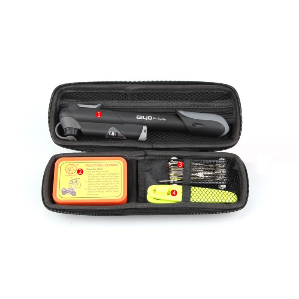 12in1 Velo Fahrrad Flickzeug Werkzeug Kit Tasche mit Luftpumpe / Reifenreparatur-Set / Multitool - Schwarz