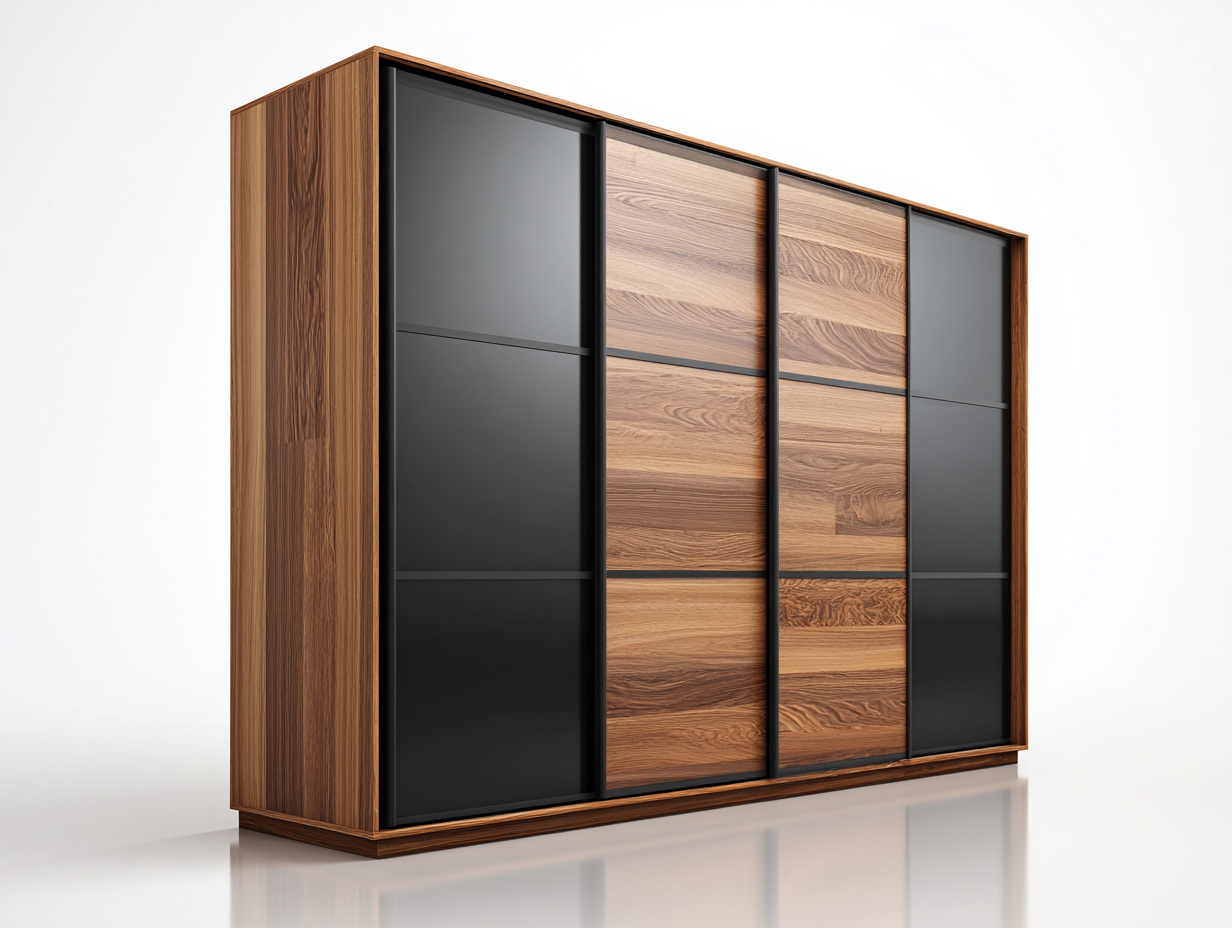 Armoire coulissante 4 portes - bois et panneaux noirs - 200x65x220 cm - noir/bois - design moderne
