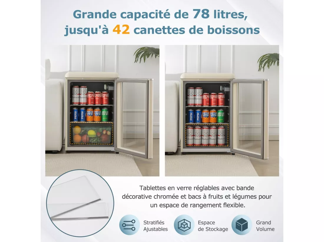 Mini Réfrigérateur 78L, avec porte en verre et LED, étagères réglables, 7 Niveau température 2-12℃, 82kWh/an, 47x47x70cm