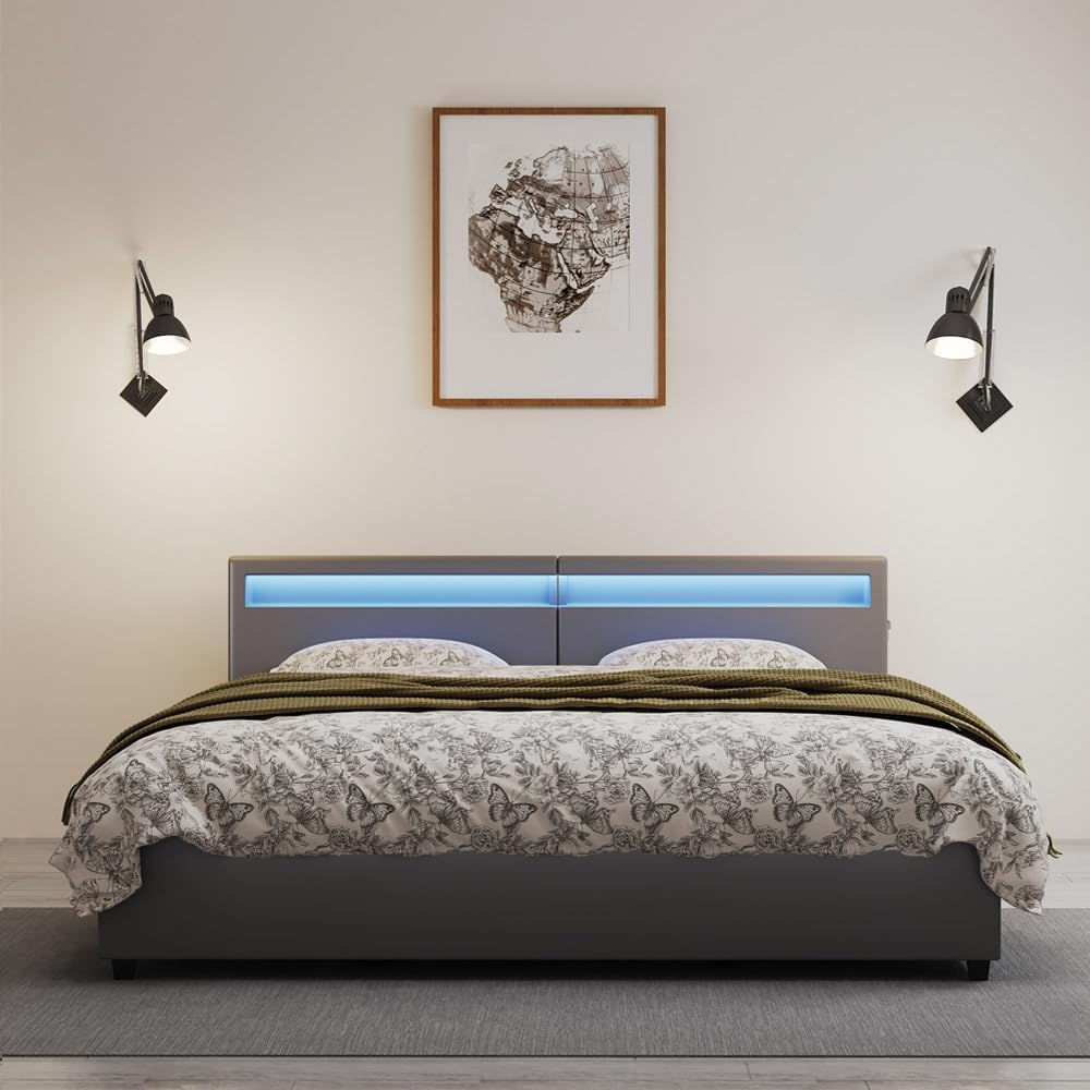 Home Deluxe - LED Bett NUBE - Dunkelgrau, 270 x 200 cm - inkl. Lattenrost und Schubladen I Polsterbett Design Bett inkl. Beleuchtung