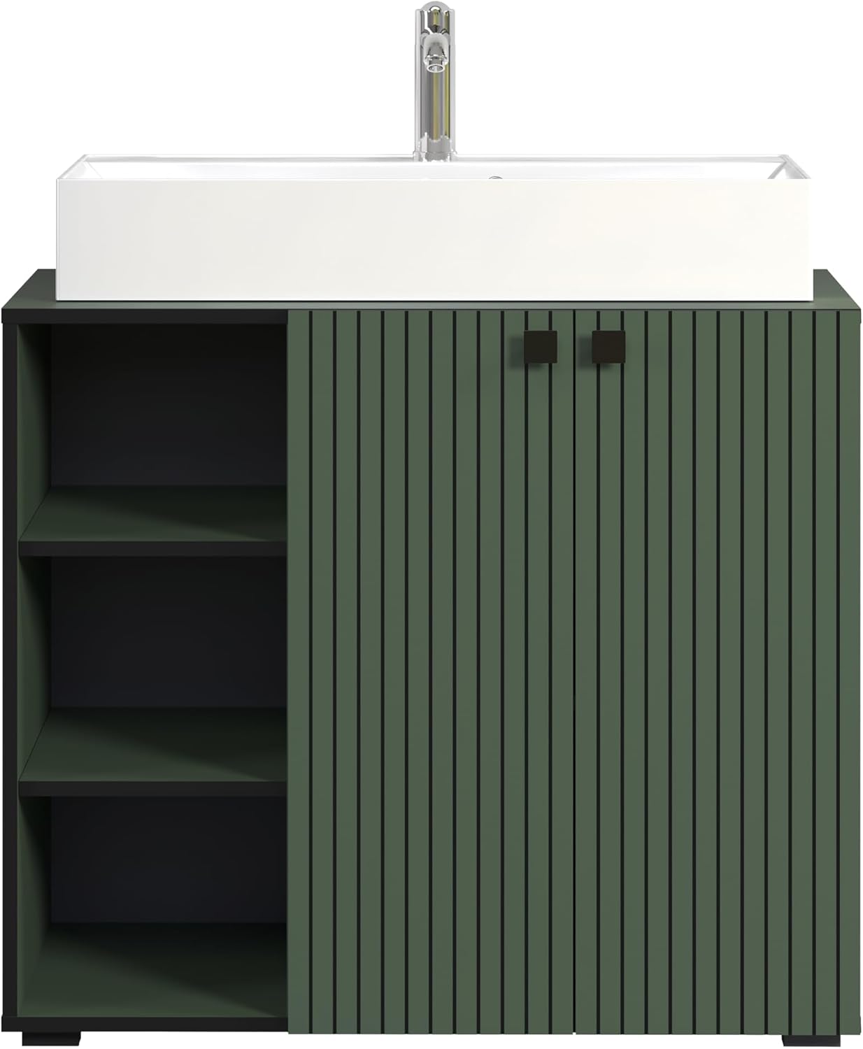 trendteam smart living - PureBliss - Waschbeckenunterschrank - Grün - Rillenoptik - 3 offene Fächer + 1 Einlegeboden + 80cm Aufsatzwaschbecken - (BxHxT) 90 x 91 x 53cm - edle Metallgriffe