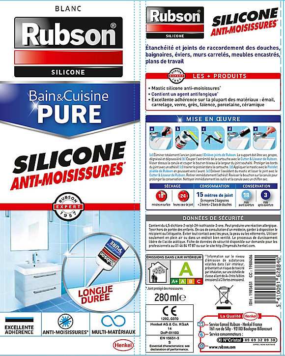 Mastic Rubson Bain&Cuisine Silicone Evite les moisissures blanc cartouche 280ml
