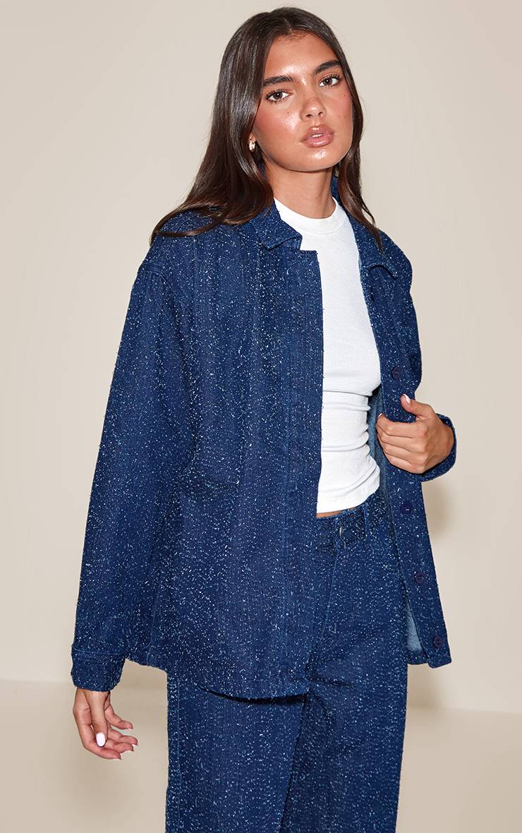 Bleu Foncé Chemise Oversize En Denim Bouclé À Patte De Boutonnage Dissimulée