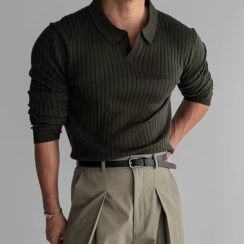 Lefitt - Poloshirt met lange mouwen en open knoopsluiting, effen gebreid