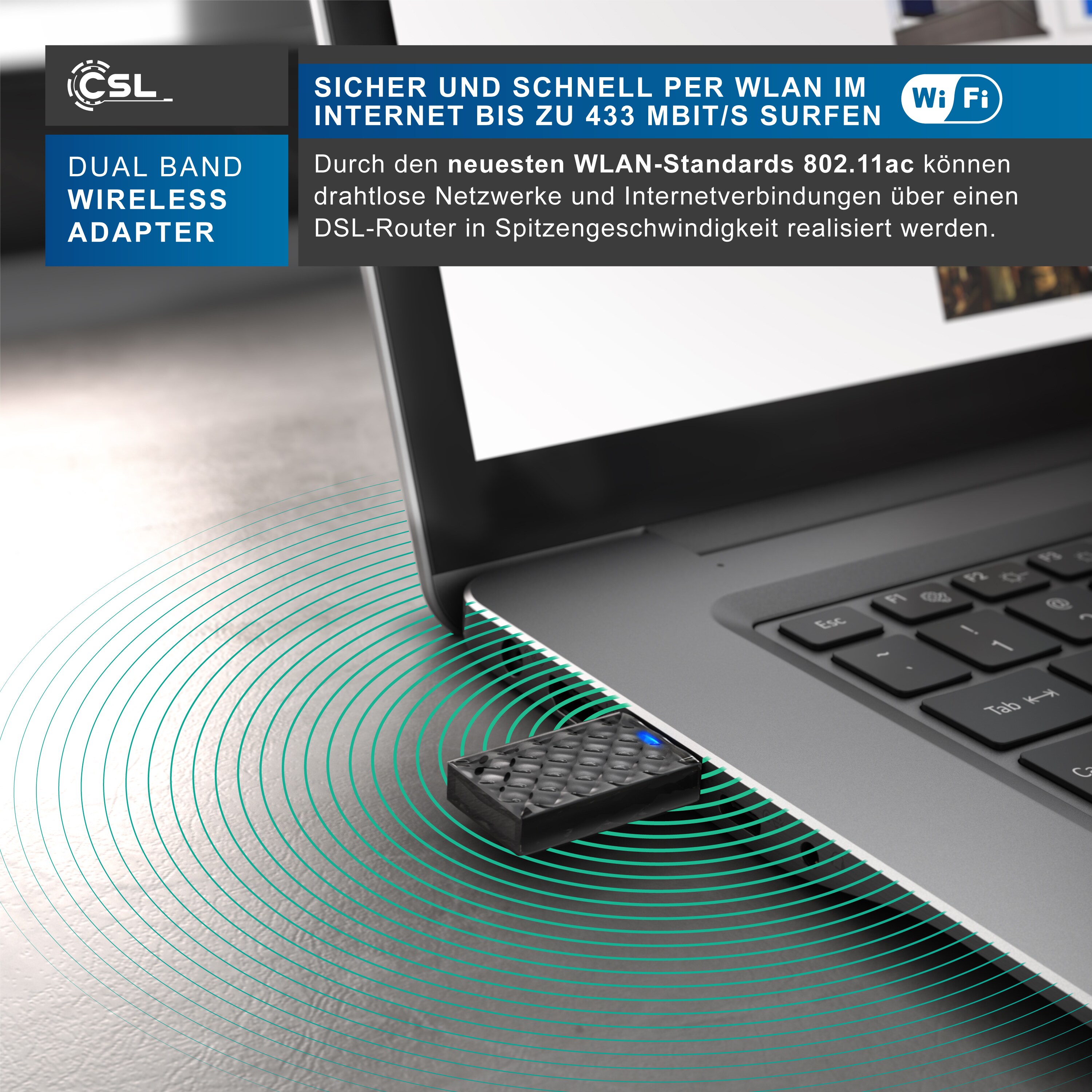 CSL WLAN Dual Band Stick - 433 MBit s - 2,4 GHz 5 GHz - bis zu 433 MBit s WLAN-Standards 802.11ac