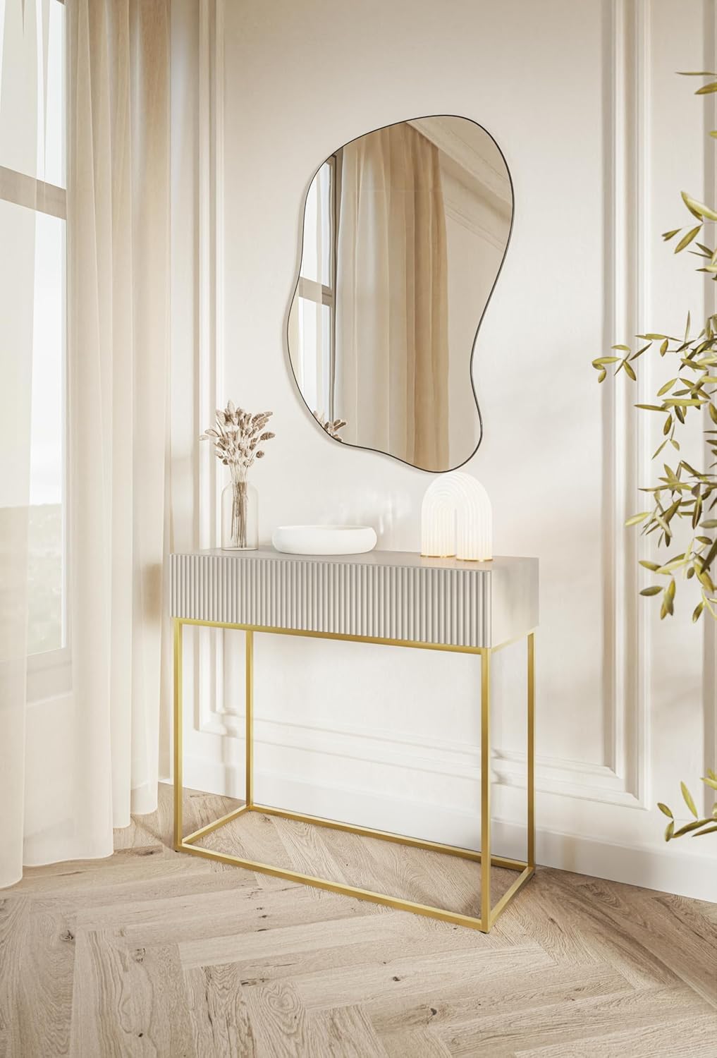 Selsey Konsolentisch Mit Schublade Beistelltisch 90 cm Eingangstisch Konsole Schminktisch Veldio Graubeige Goldene Beine