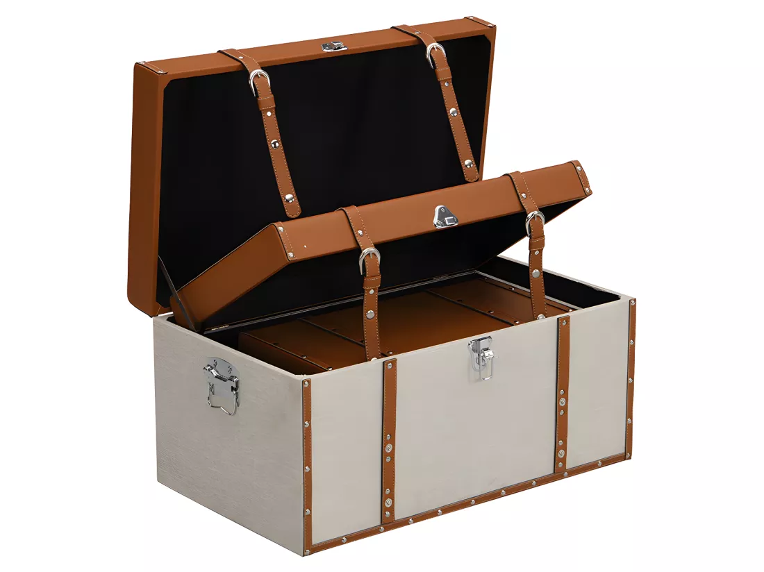 Lot de 3 malles en bois de sapin et MDF - Revêtement en simili et tissu - 3 tailles - Marron et taupe- JACINTO