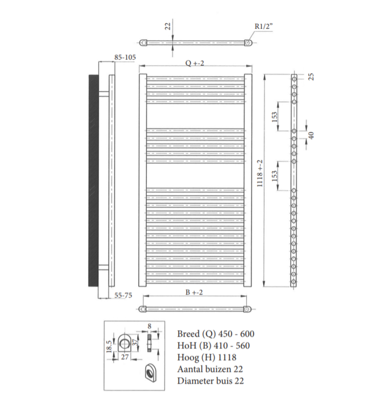 Sanicare design handdoekradiator 45x112cm zwart mat