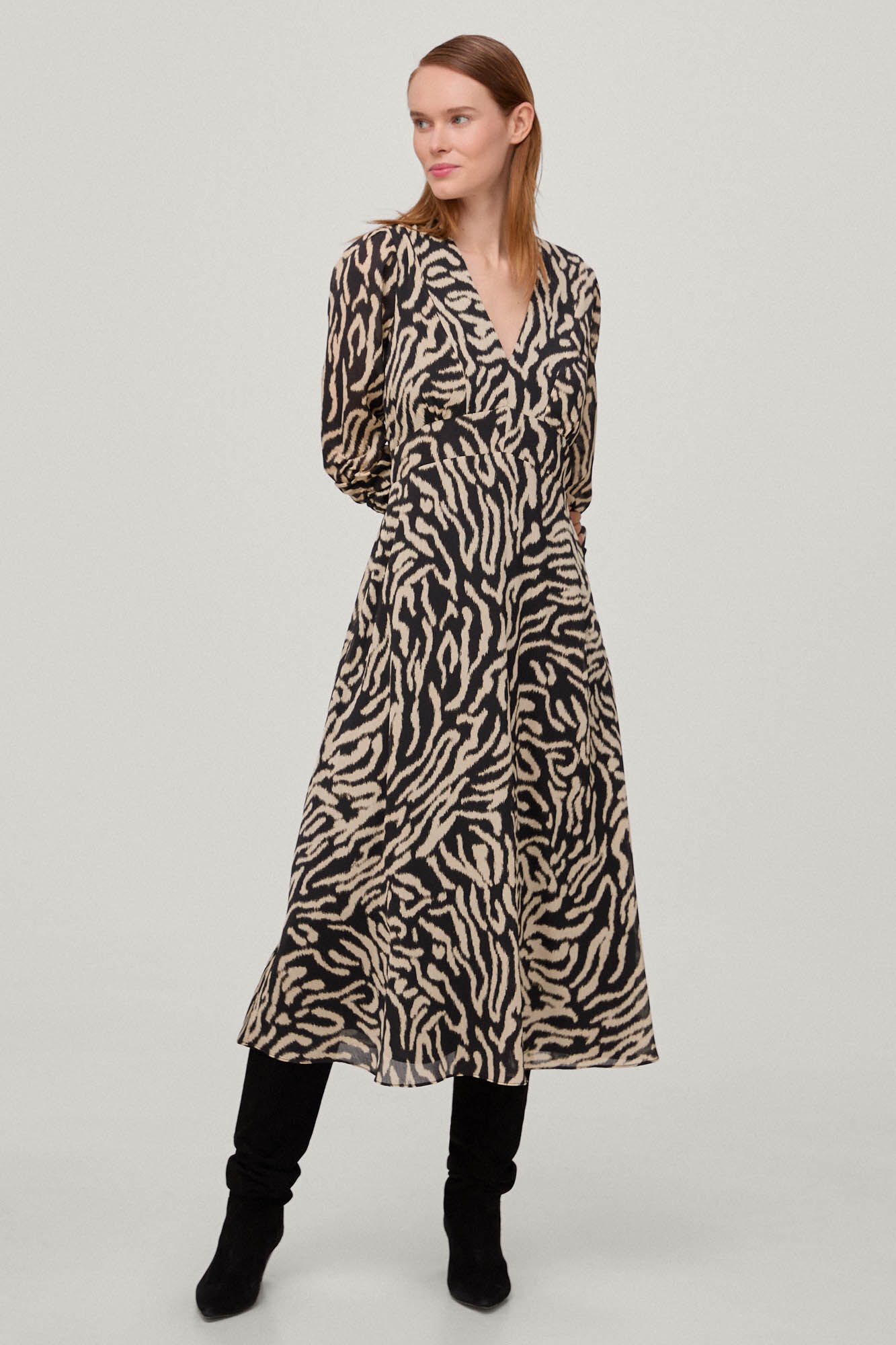 Vestido midi estampado - Cinza