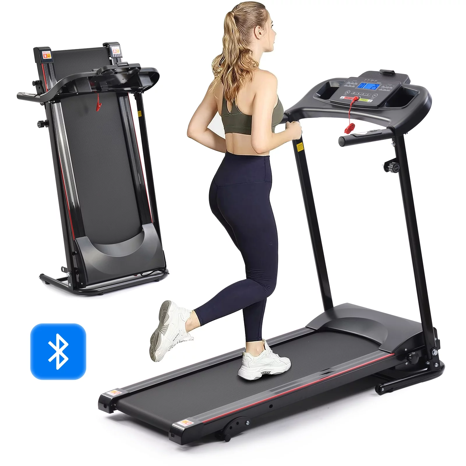 Esteira dobrável portátil de 2,5 HP para corrida e caminhada, compacta, com 12 programas predefinidos, visor LED, Bluetooth para música e fácil montagem para uso doméstico.