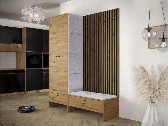 Meuble d'entrée Hartford 320, 206x145x44cm, Chêne Artisan|Noir, Tapisserie|Stratifié