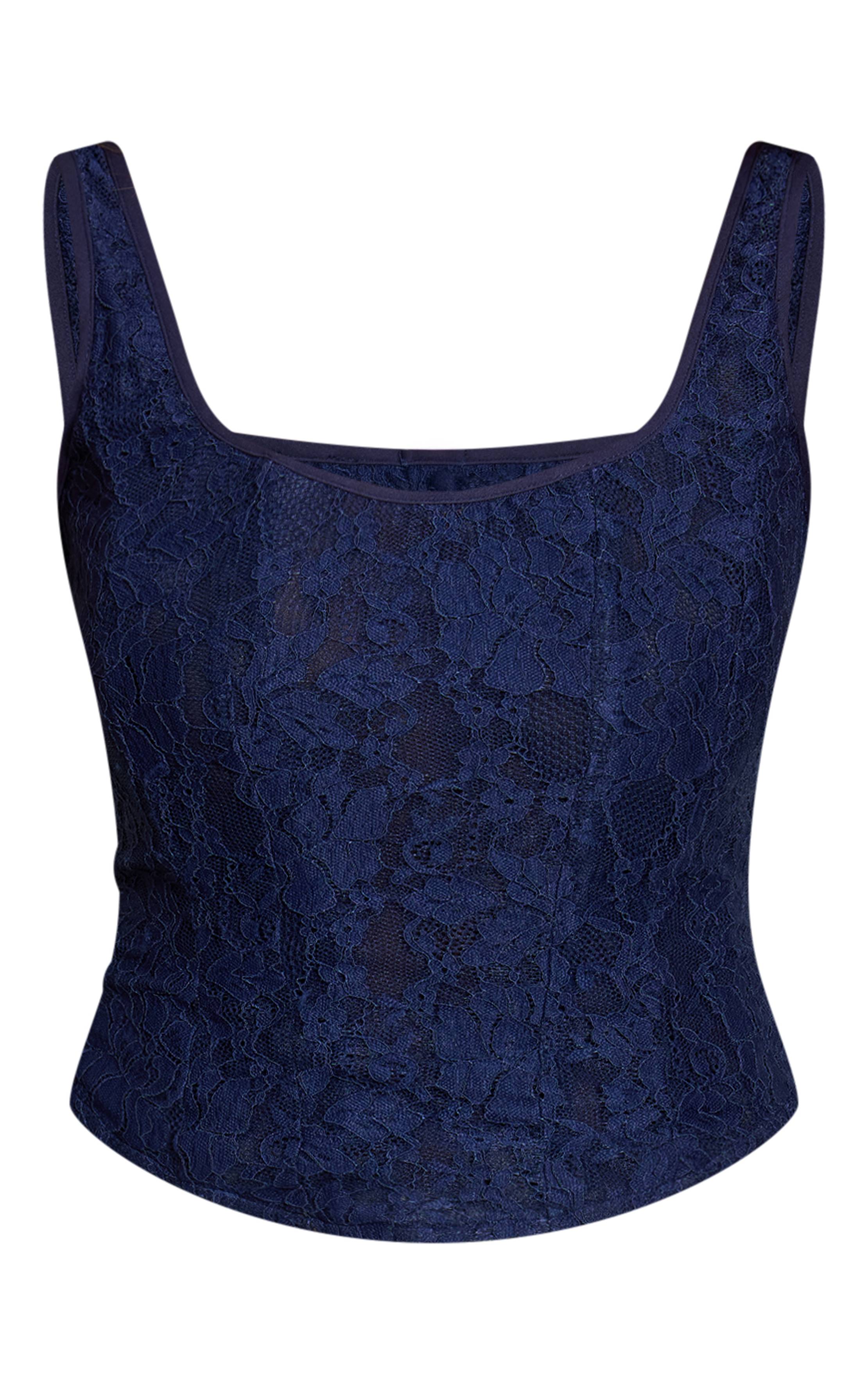 Bleu Marine Top Corset Long À Encolure Carrée En Dentelle Shape