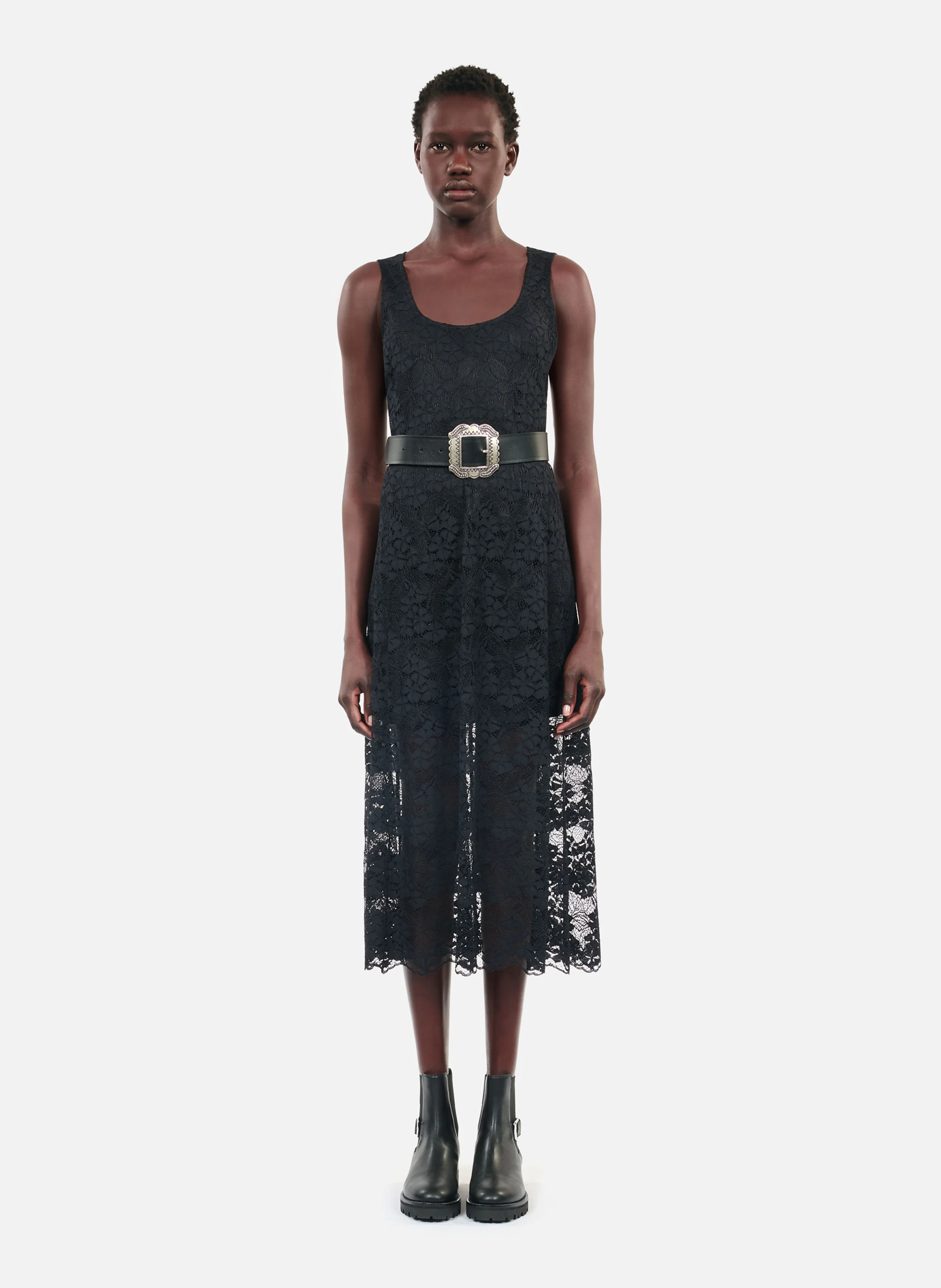 Robe midi col rond en dentelle | Noir
