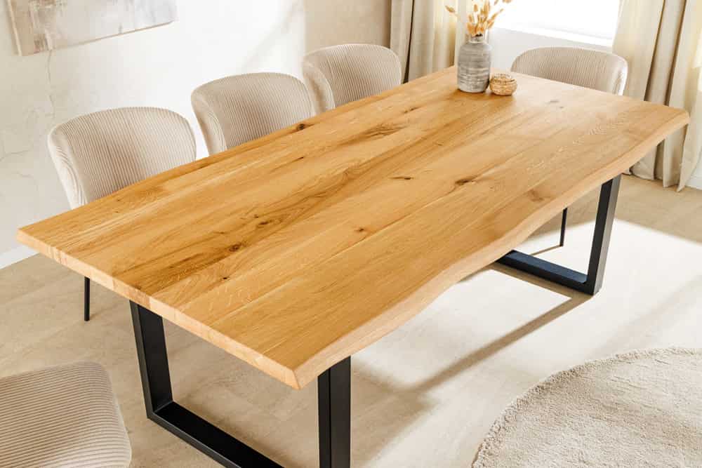 Massiver Esstisch WILD OAK 160cm natur schwarz Wildeiche Baumkante Metall U-Gestell