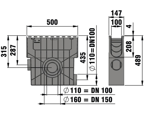 Hauraton Recyfix Plus 100 inlaatbox van PP met geïntegreerd metalen profiel en kunststof emmer 500 mm x 147 mm x 489 mm