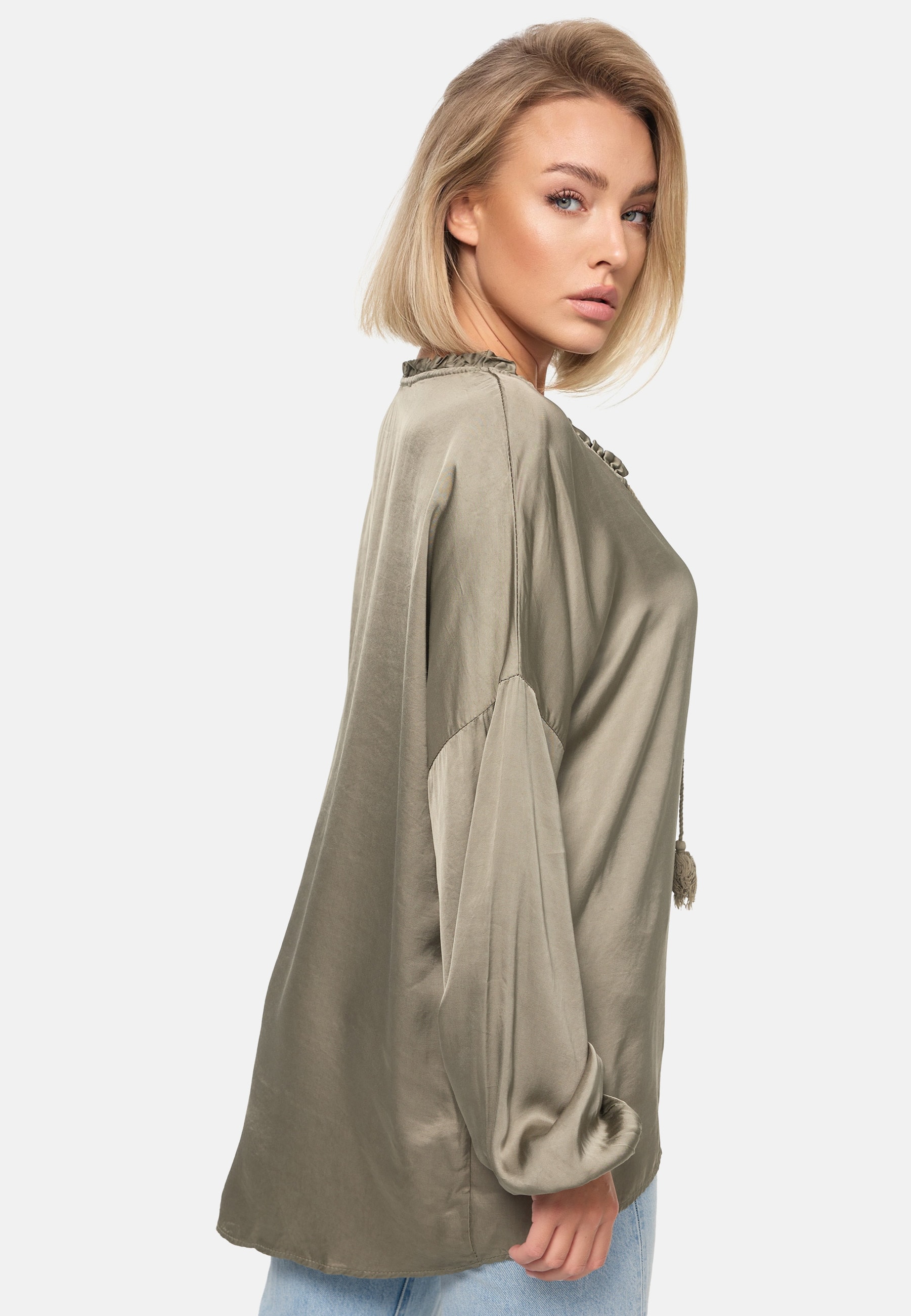 PM SELECTED Damen Schlupfbluse Romantische Business Satin Bluse mit Rüschenkragen in Einheitsgröße PM06