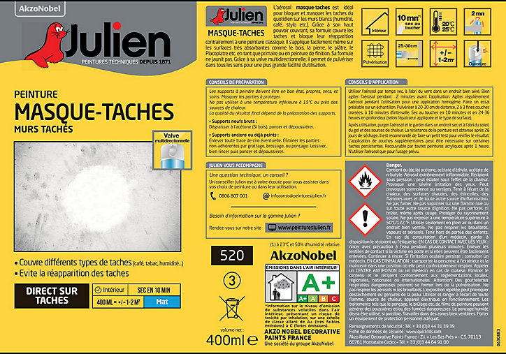 Peinture aérosol masque taches Julien mat blanc 400ml