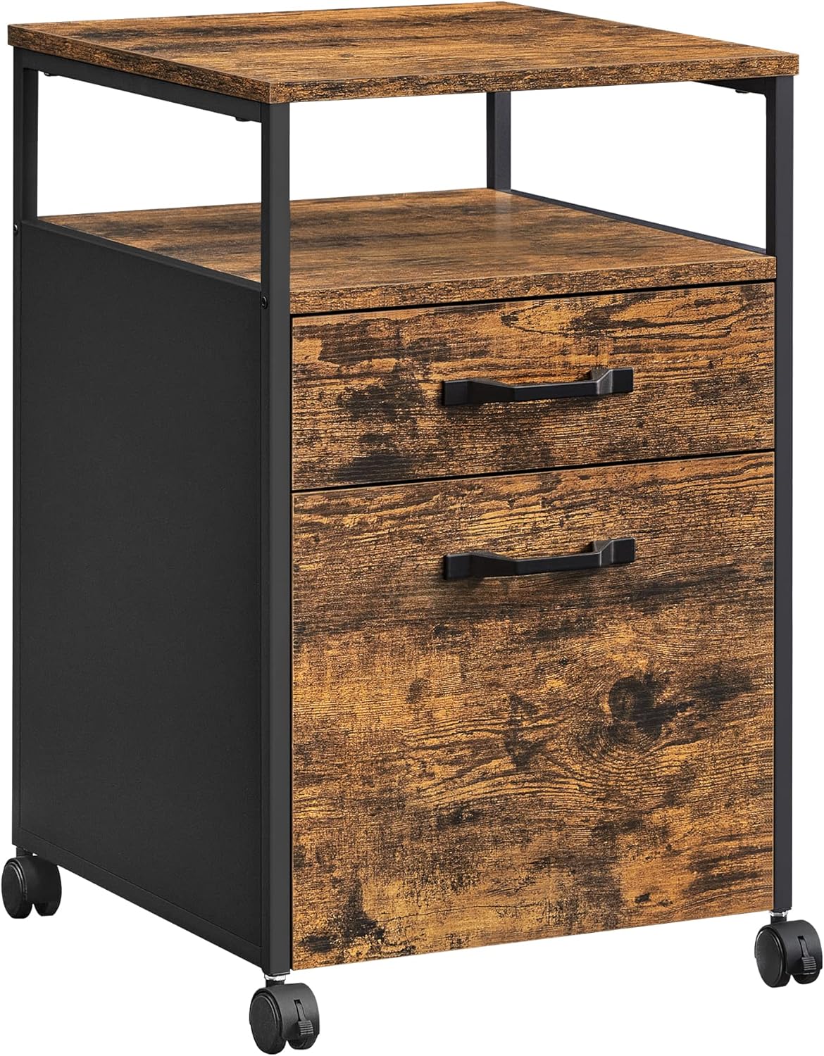 VASAGLE Rollcontainer, Aktenschrank mit 2 Schubladen, mobiler Büroschrank mit Rädern, offenes Fach, Hängeregistratur, Stahlgestell, Industrie-Design, vintagebraun-tintenschwarz OFC71X