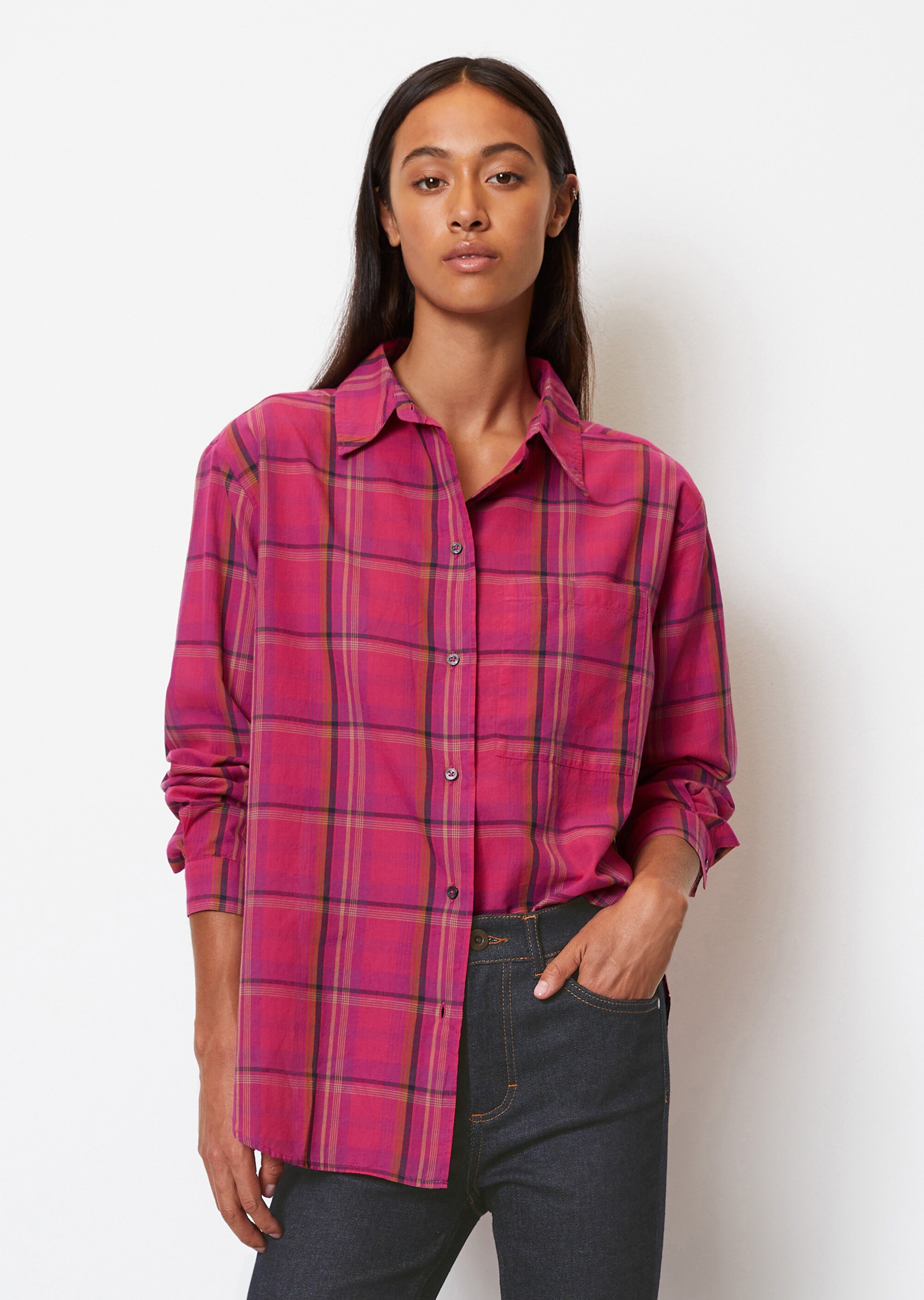 Karierte Boyfriend-Bluse relaxed aus Baumwoll-Voile