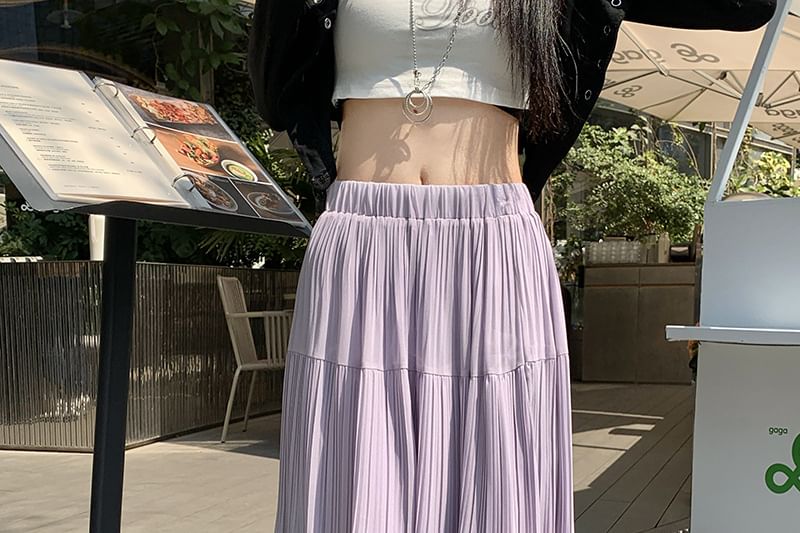 OUREA - Elastische taille, effen geplooide maxi-A-lijn rok