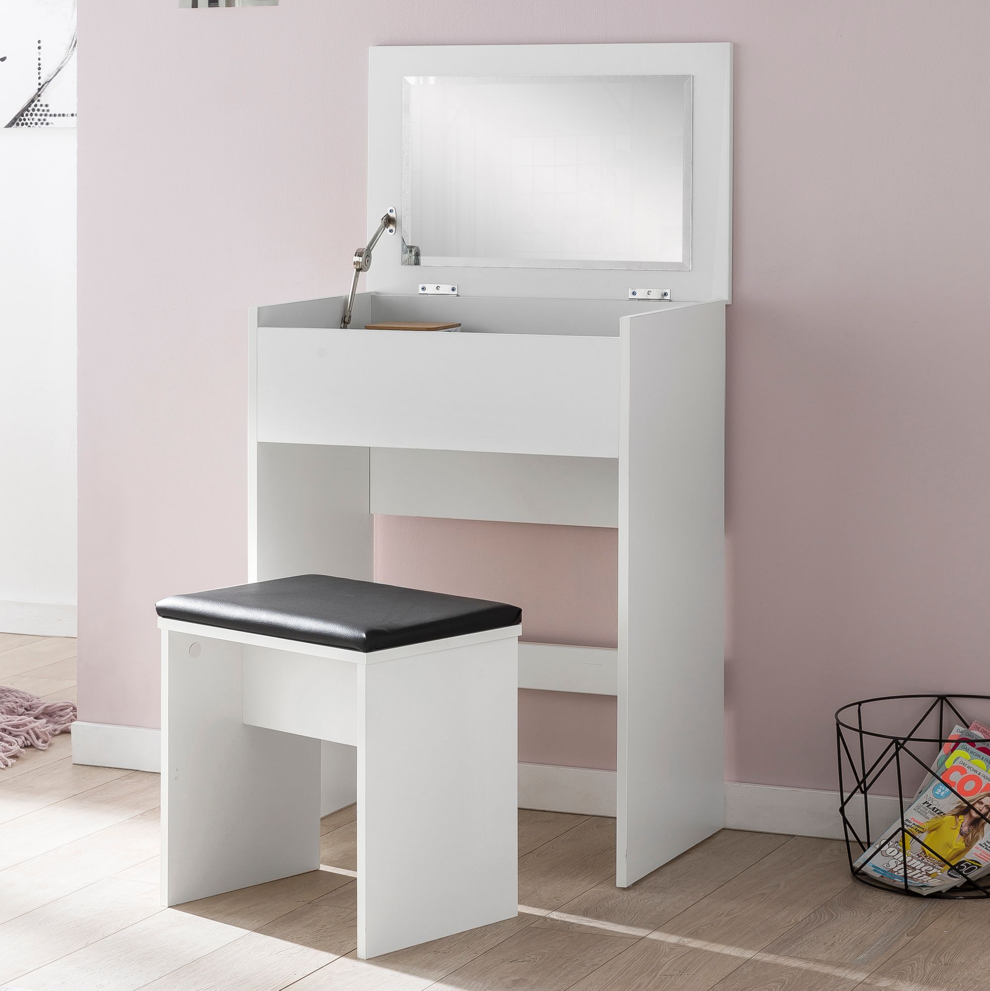 KADIMA DESIGN Moderner Schminktisch mit Klappfach und Spiegel, inklusive Hocker, Melaminharzbeschichtung