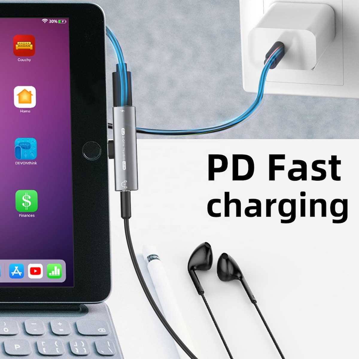 USB-C til 3,5 mm adapter for hodetelefoner og lader Sort