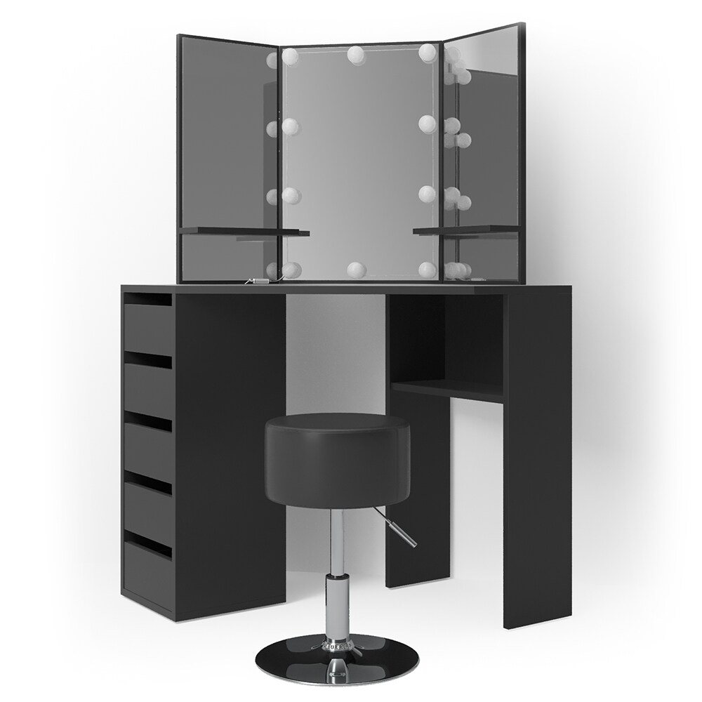 Vicco Schminktisch Arielle Frisiertisch Kommode Frisierkommode Spiegel Schwarz inklusive Hocker und LED-Lichterkette