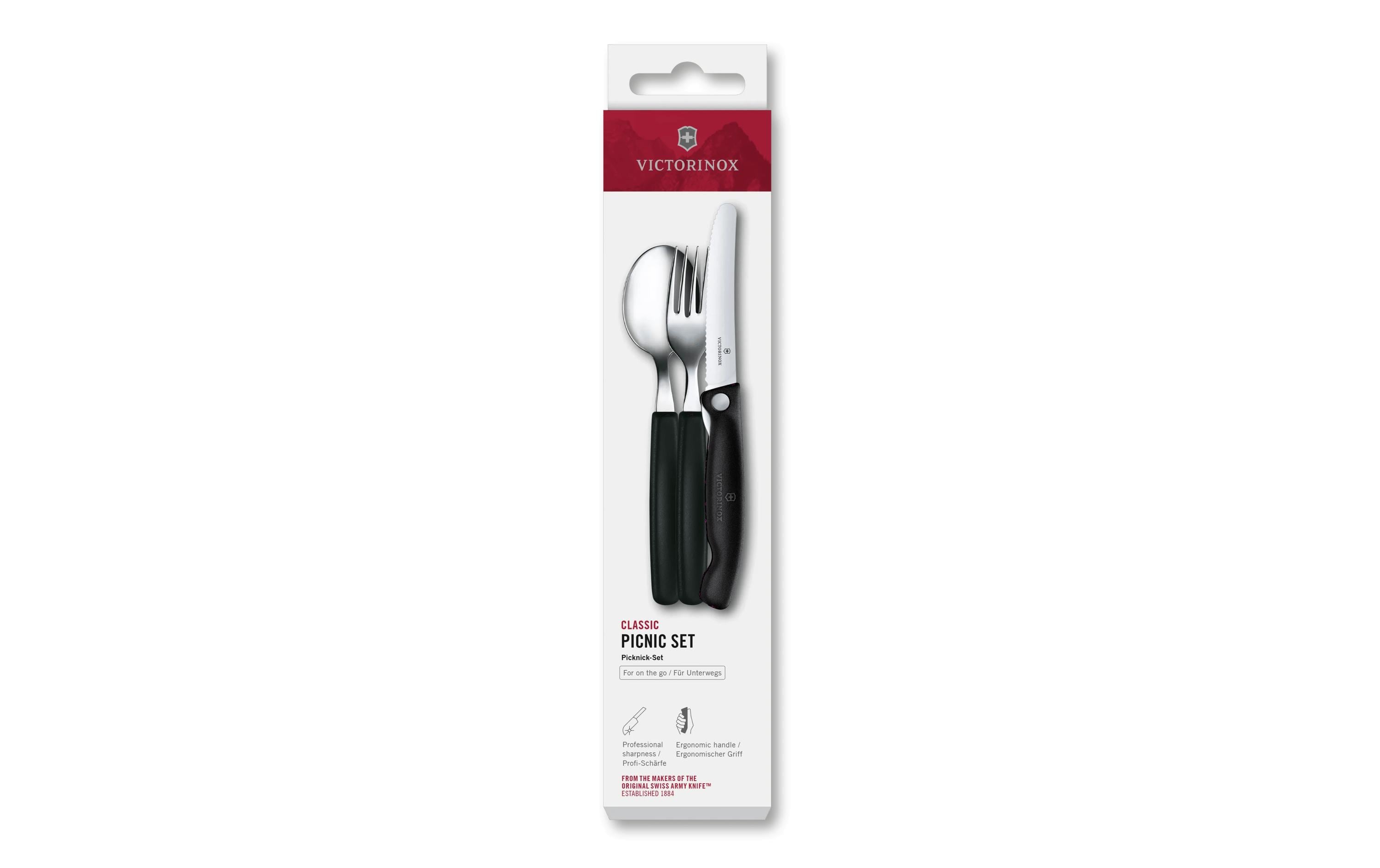 Picknick-Set Classic, SchwarzSet mit zusammenklappbarem Gemüsemesser und Besteck