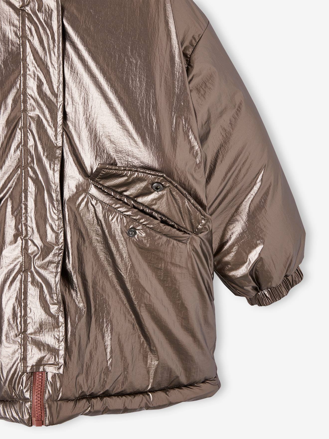 Parka reversível com efeito metálico, com capuz ou jaqueta acolchoada para meninas, prateada.