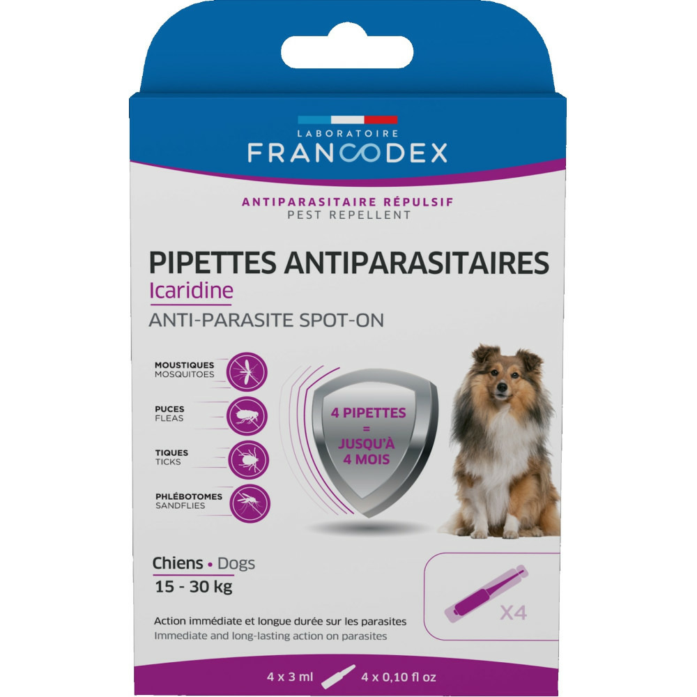 4 pipettes antiparasitaires icaridine pour chien de 15-30 kg