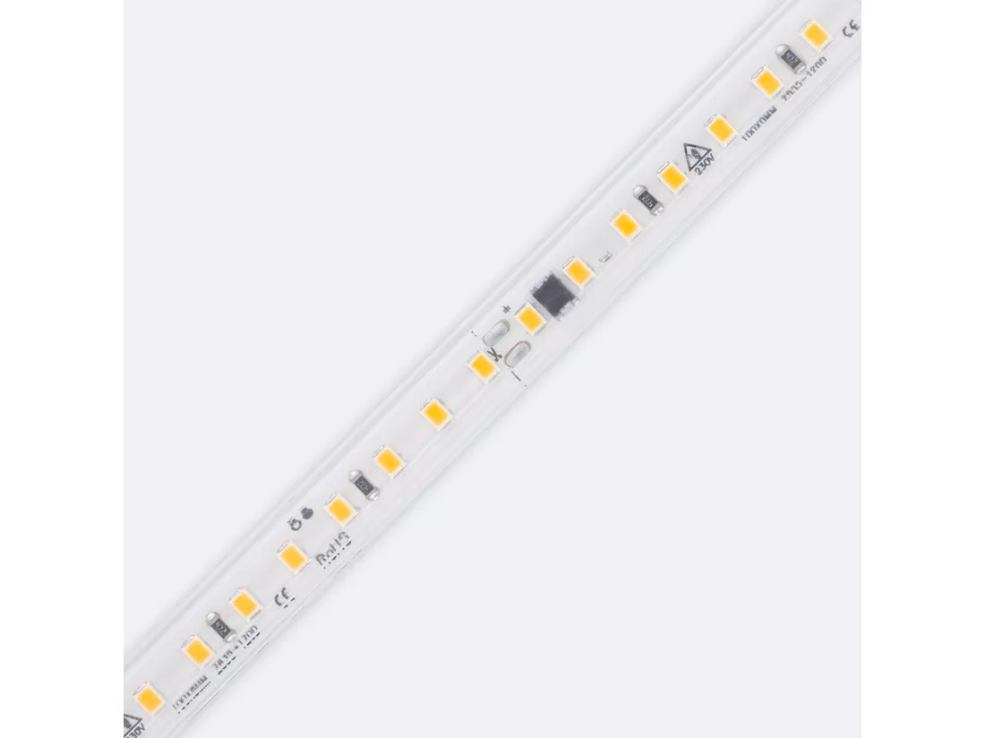 Ruban LED Dimmable Auto-redressement 220V SMD2835 120LED/m 1000 lm/m IP65 Largeur 12mm sur mesure Coupe tous les 10cm 6000K Blanc froid 15 m
