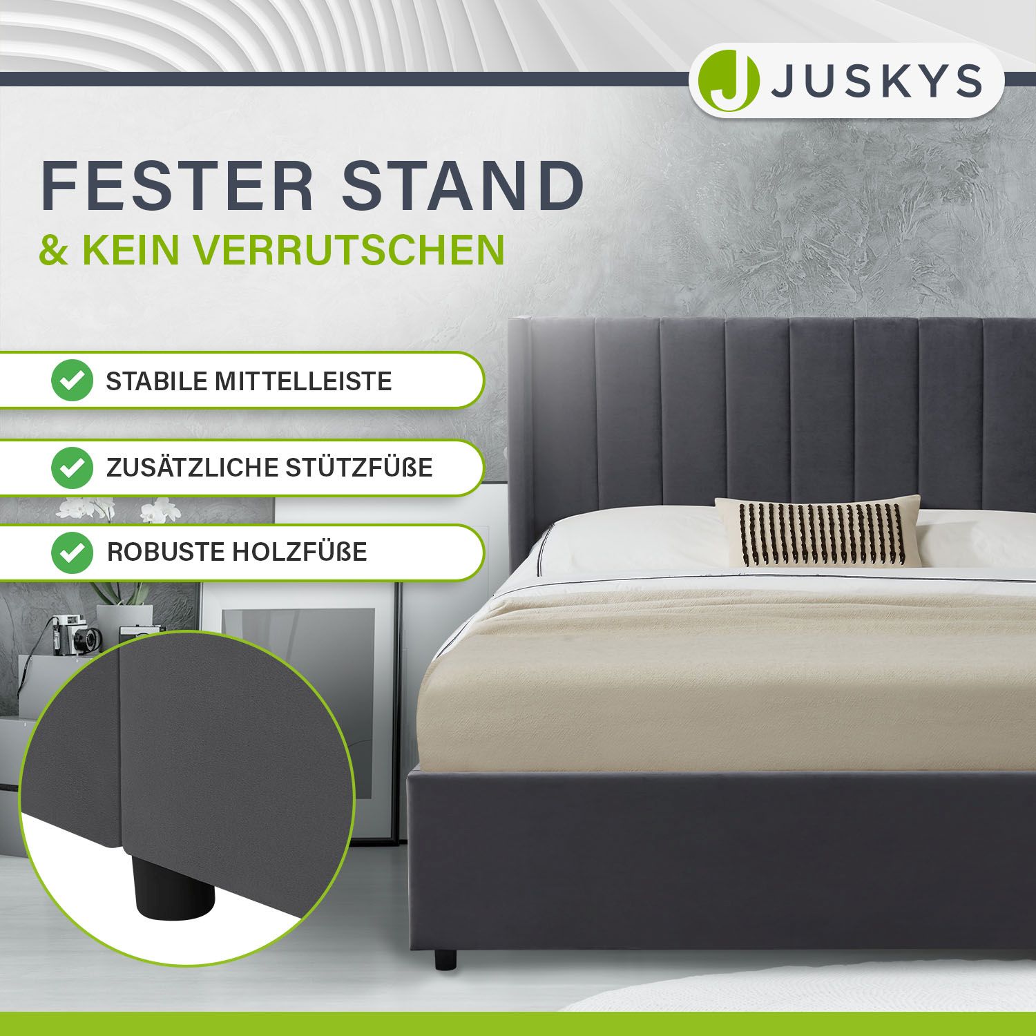 Juskys Polsterbett Savona 140x200 cm mit Stauraum, H3 Matratze, Samt-Bezug, bis 250kg - Dunkelgrau