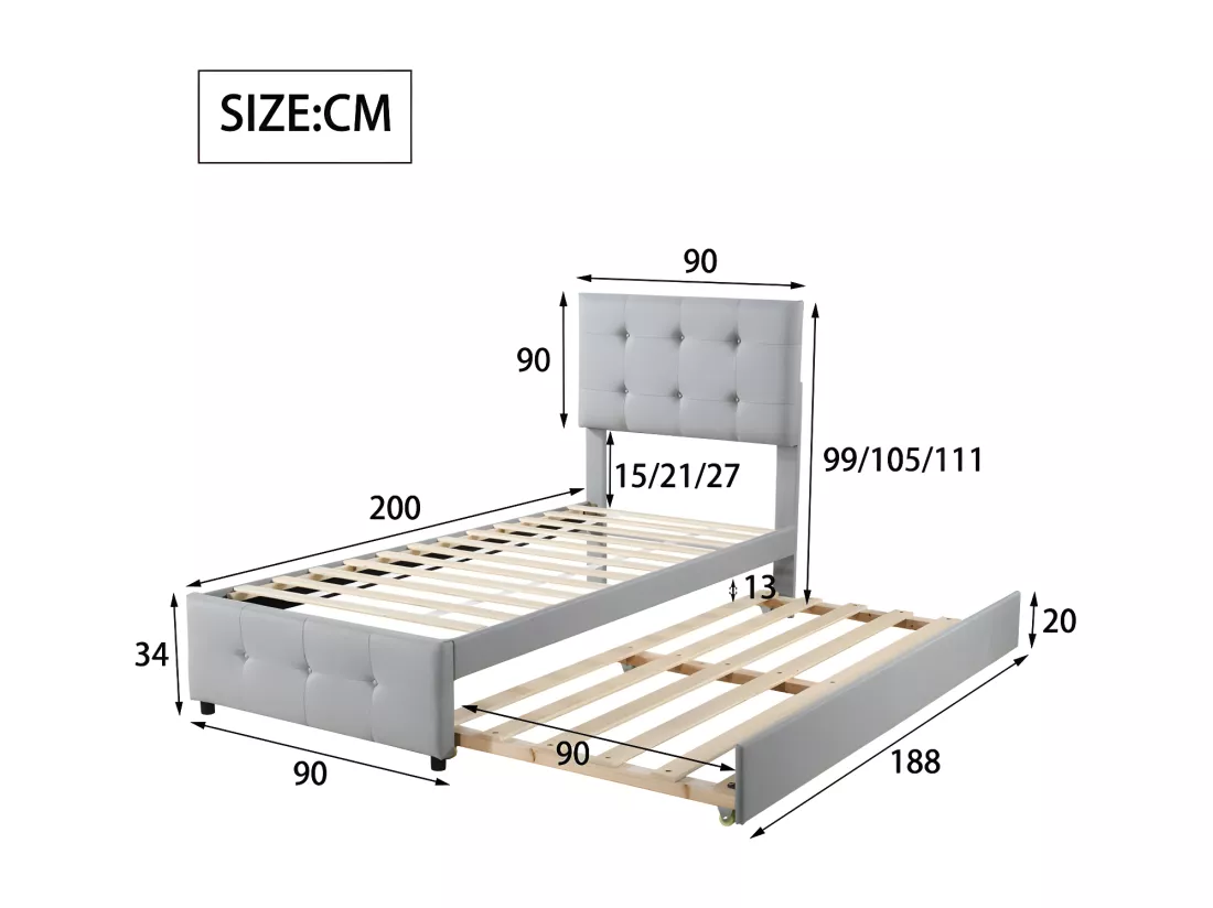 Lit gigogne capitonné 90x200cm - tête de lit réglable - tissu en lin - Gris