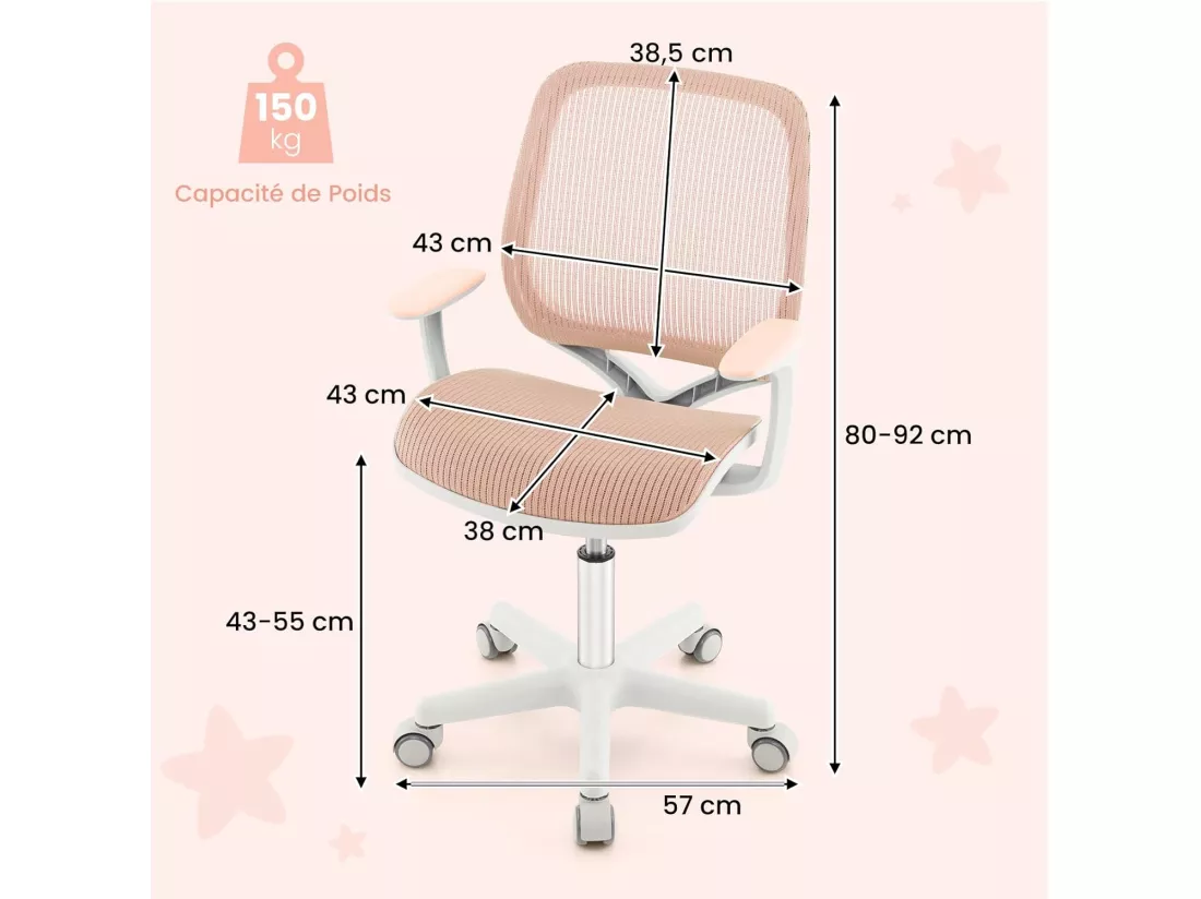 Chaise de Bureau Pivotante Enfants avec Hauteur Réglable 80-92cm, Siège à roulettes Enfants avec Dossier & Accoudoirs Ergonomique, Verrouillage Automatique, Charge 75kg pour 6-15 Ans